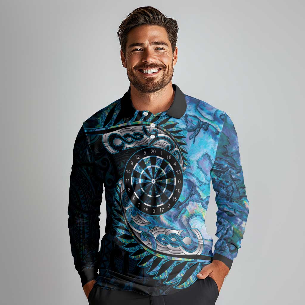 New Zealand Darts Personalised Long Sleeve Polo Shirt Aotearoa Silver Fern Blue Papua Shell Spirit