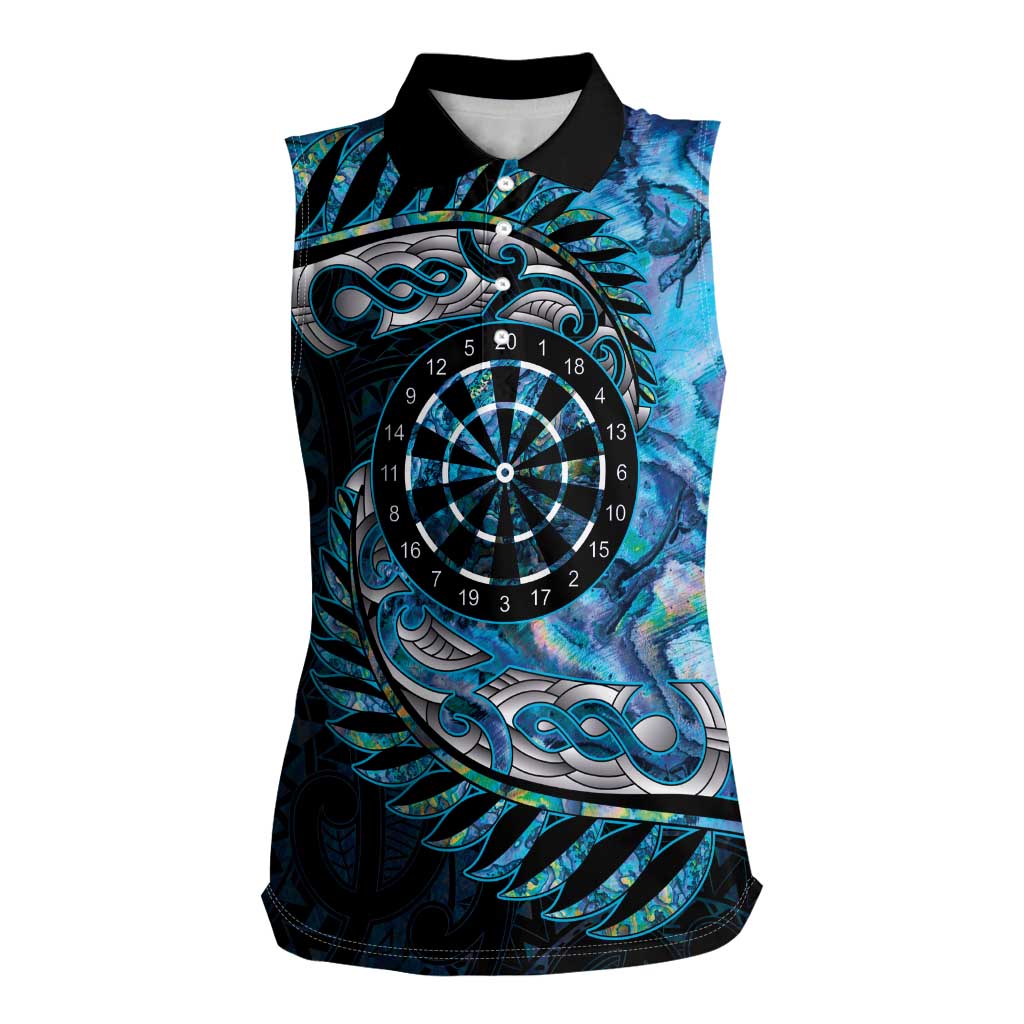 New Zealand Darts Personalised Women Sleeveless Polo Shirt Aotearoa Silver Fern Blue Papua Shell Spirit