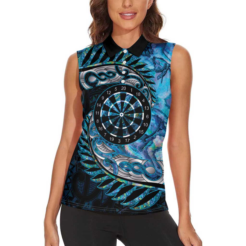 New Zealand Darts Personalised Women Sleeveless Polo Shirt Aotearoa Silver Fern Blue Papua Shell Spirit