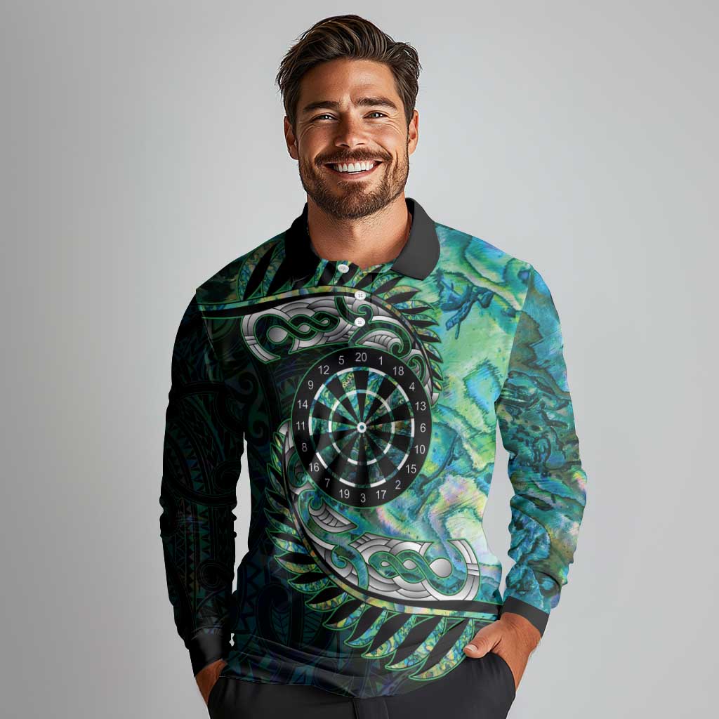 New Zealand Darts Personalised Long Sleeve Polo Shirt Aotearoa Silver Fern Green Papua Shell Spirit