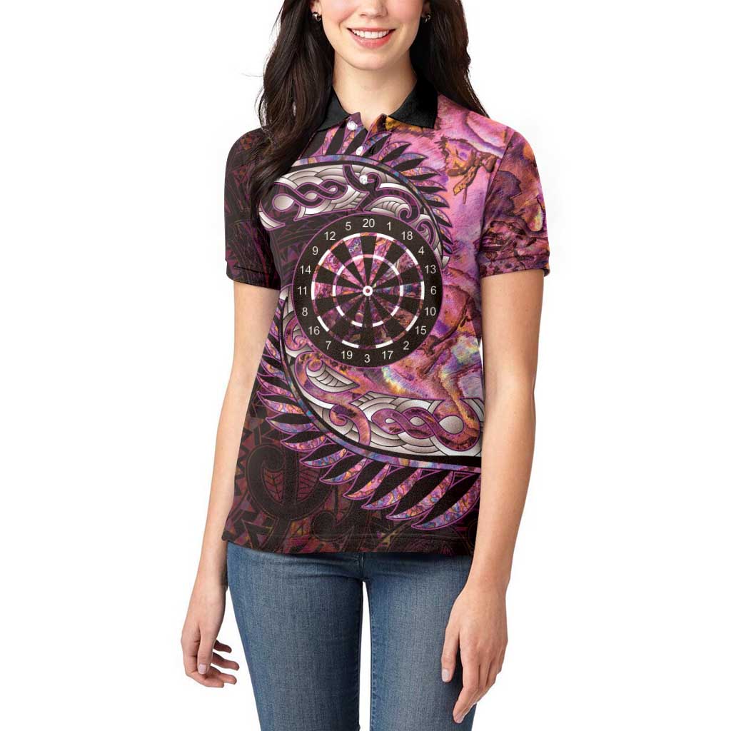 New Zealand Darts Personalised Women Polo Shirt Aotearoa Silver Fern Pink Papua Shell Spirit