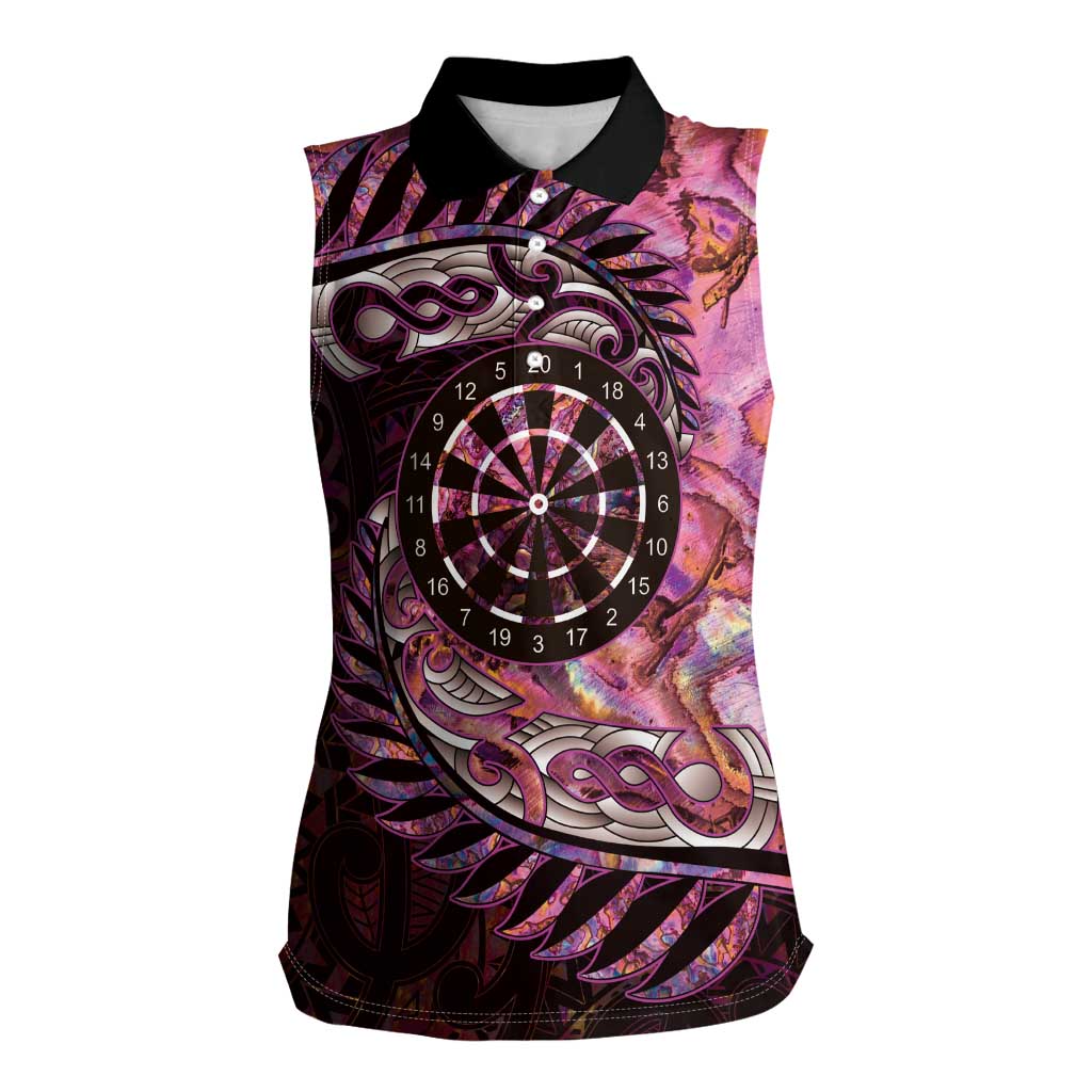 New Zealand Darts Personalised Women Sleeveless Polo Shirt Aotearoa Silver Fern Pink Papua Shell Spirit