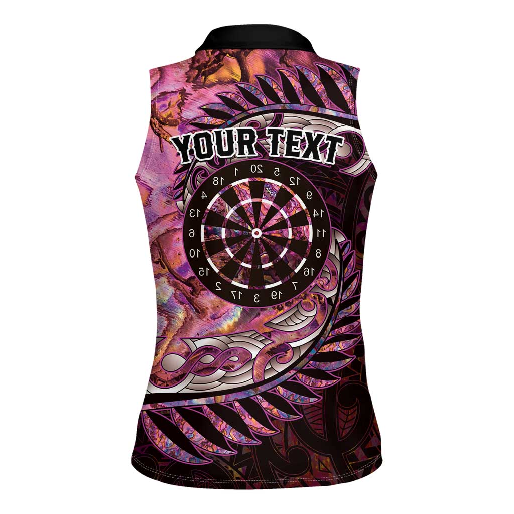 New Zealand Darts Personalised Women Sleeveless Polo Shirt Aotearoa Silver Fern Pink Papua Shell Spirit