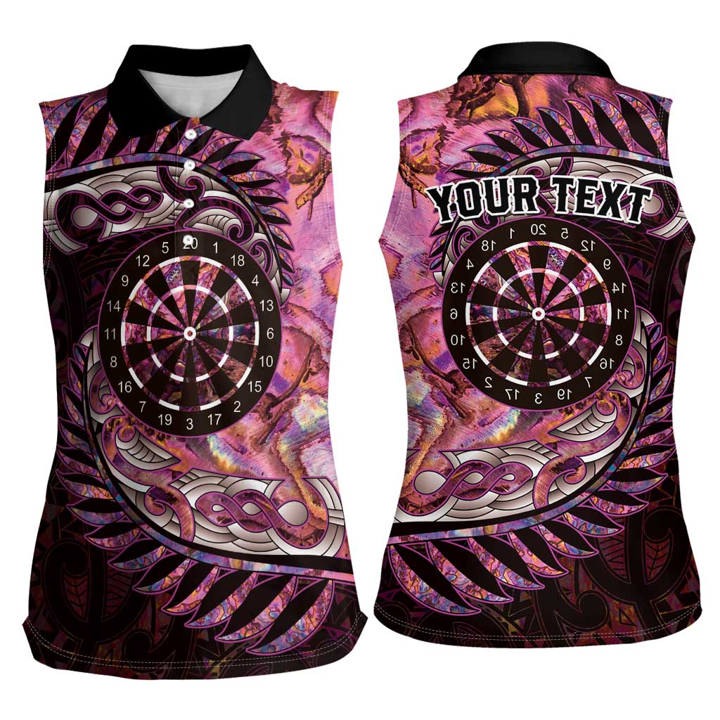 New Zealand Darts Personalised Women Sleeveless Polo Shirt Aotearoa Silver Fern Pink Papua Shell Spirit