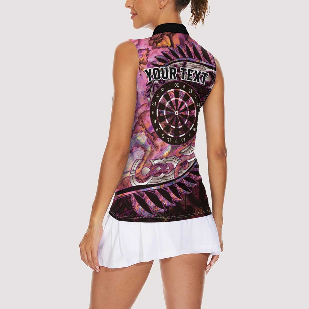 New Zealand Darts Personalised Women Sleeveless Polo Shirt Aotearoa Silver Fern Pink Papua Shell Spirit