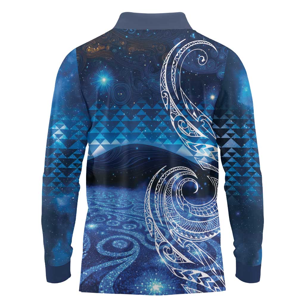 New Zealand Matariki Long Sleeve Polo Shirt Taniko Aramoana With Koru Galaxy Sky Night