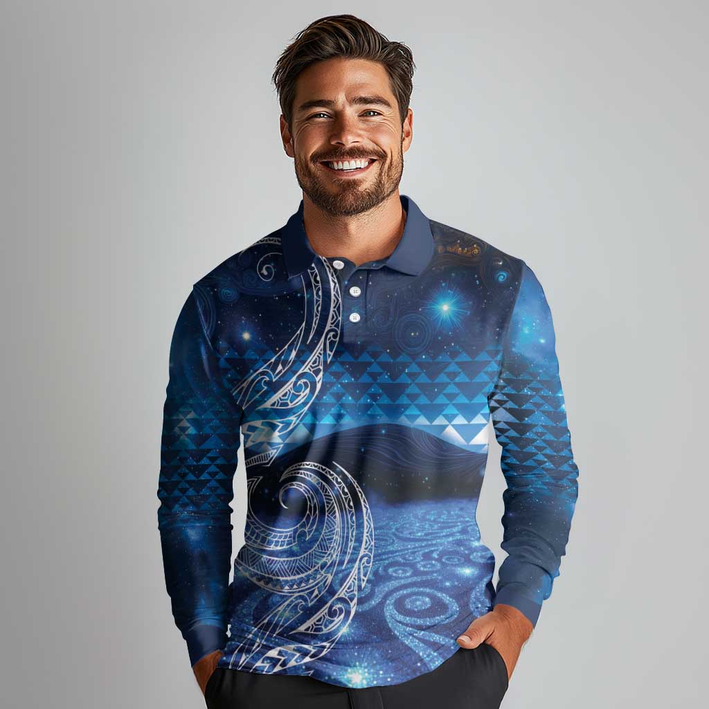 New Zealand Matariki Long Sleeve Polo Shirt Taniko Aramoana With Koru Galaxy Sky Night