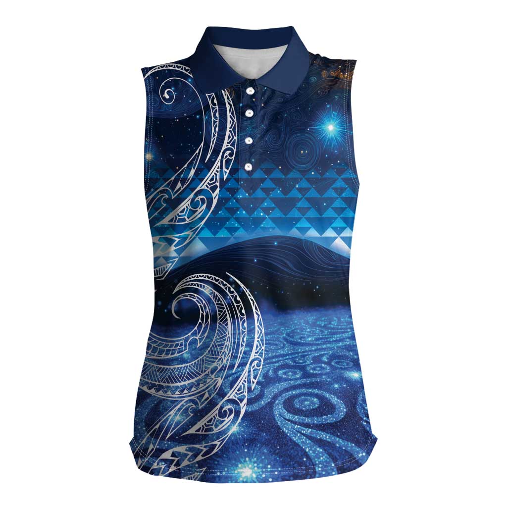 New Zealand Matariki Women Sleeveless Polo Shirt Taniko Aramoana With Koru Galaxy Sky Night