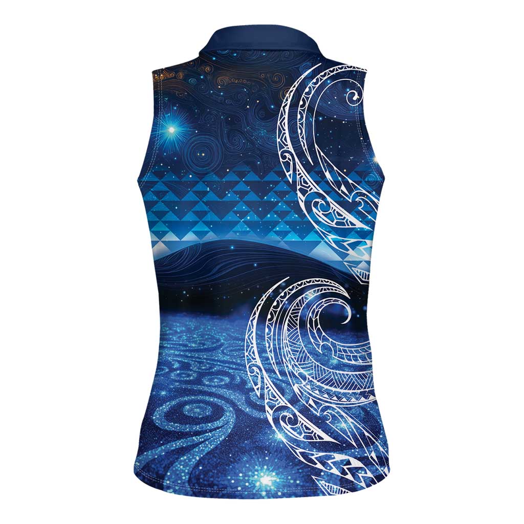 New Zealand Matariki Women Sleeveless Polo Shirt Taniko Aramoana With Koru Galaxy Sky Night