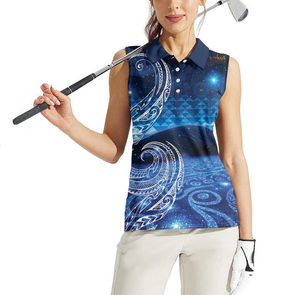 New Zealand Matariki Women Sleeveless Polo Shirt Taniko Aramoana With Koru Galaxy Sky Night