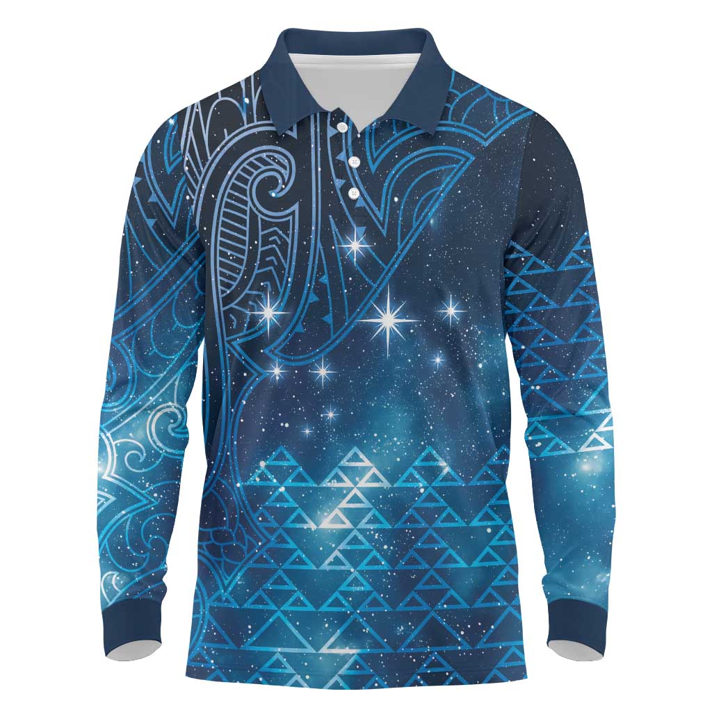 New Zealand Matariki Long Sleeve Polo Shirt Taniko Aramoana With Maori Galaxy Sky Night