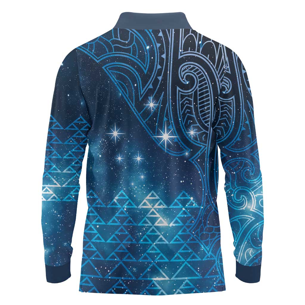 New Zealand Matariki Long Sleeve Polo Shirt Taniko Aramoana With Maori Galaxy Sky Night