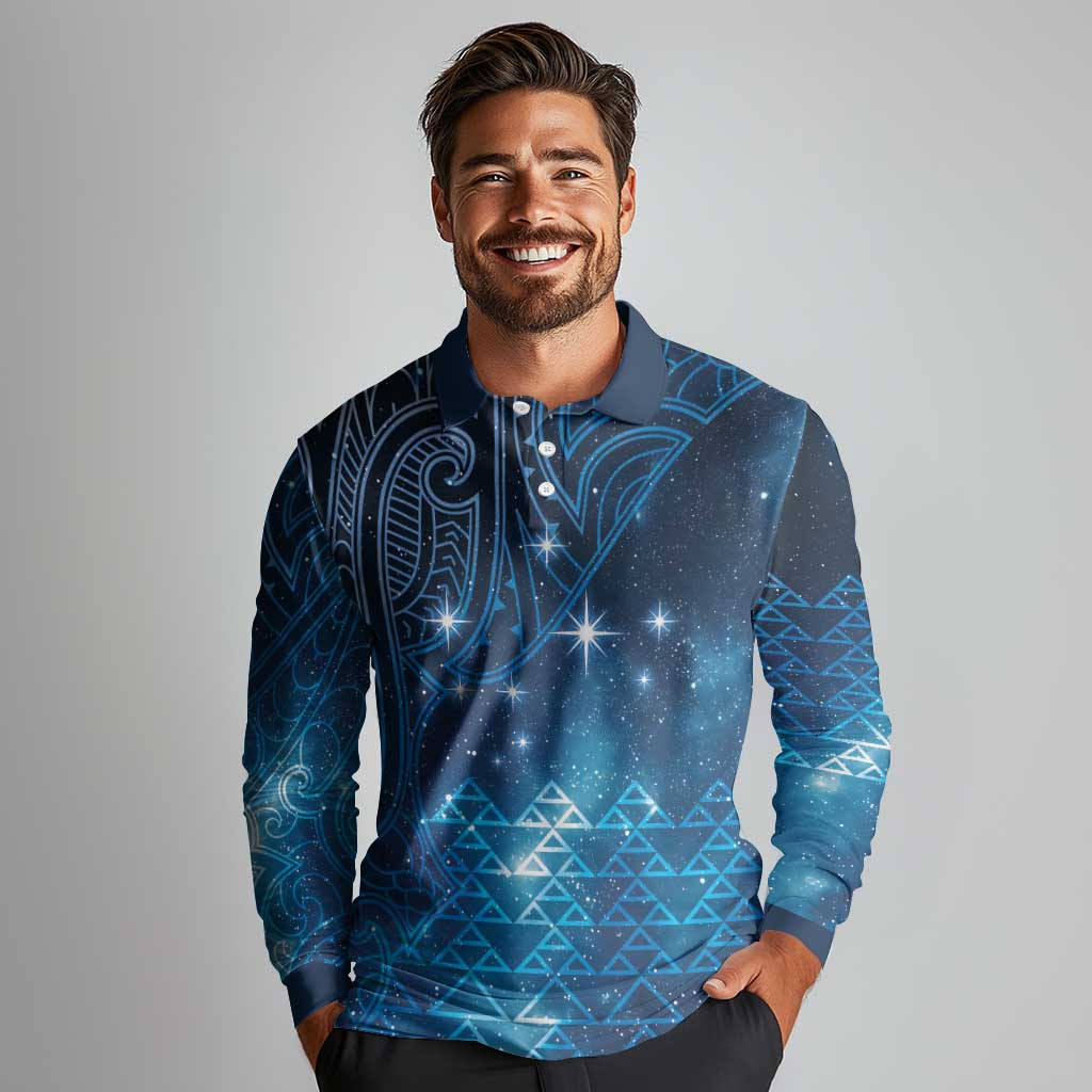 New Zealand Matariki Long Sleeve Polo Shirt Taniko Aramoana With Maori Galaxy Sky Night