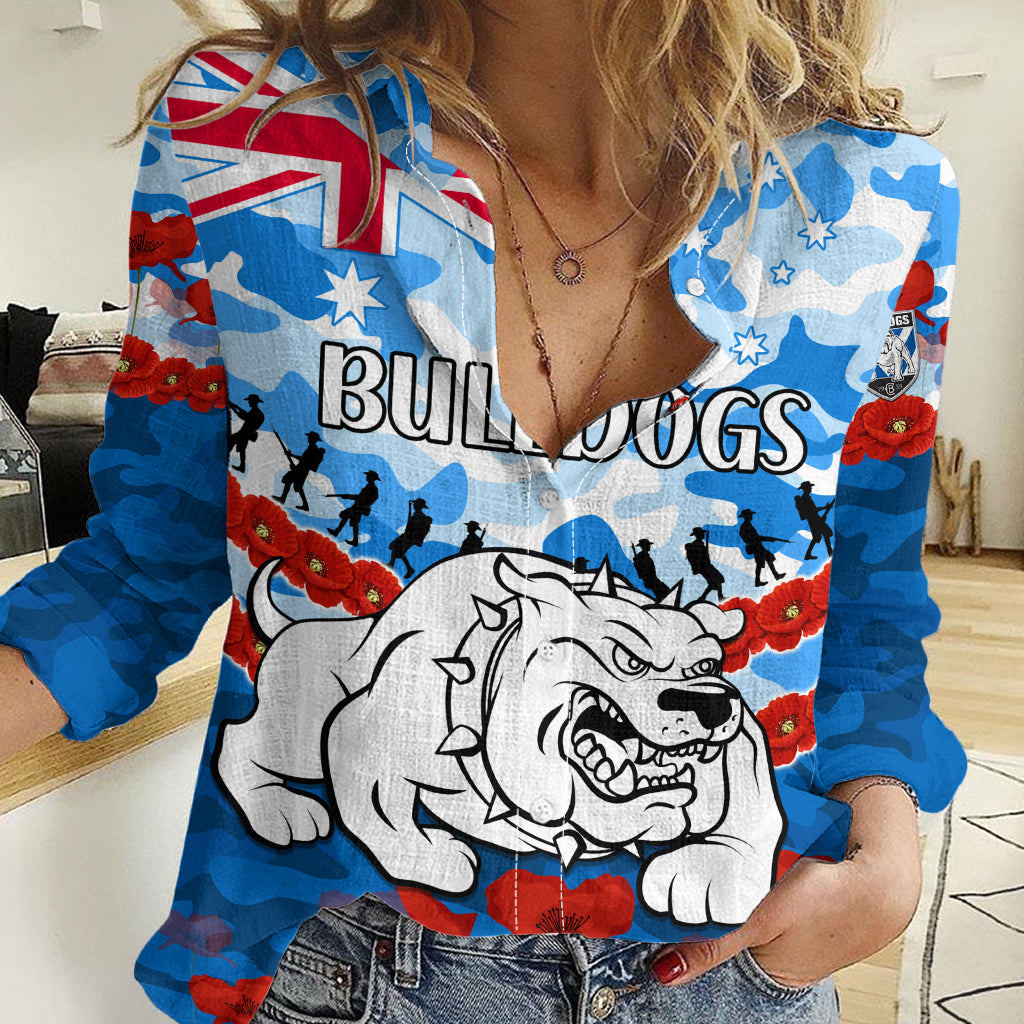 (Custom Text And Number) Bulldogs Rugby ANZAC Women Casual Shirt Lest We Forget LT9