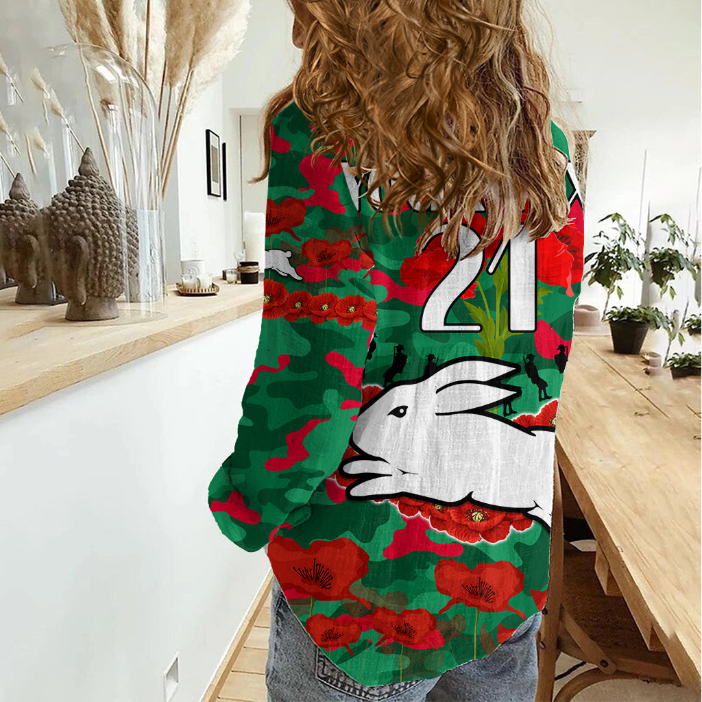 (Custom Text And Number) Rabbitohs Rugby ANZAC Women Casual Shirt Lest We Forget LT9