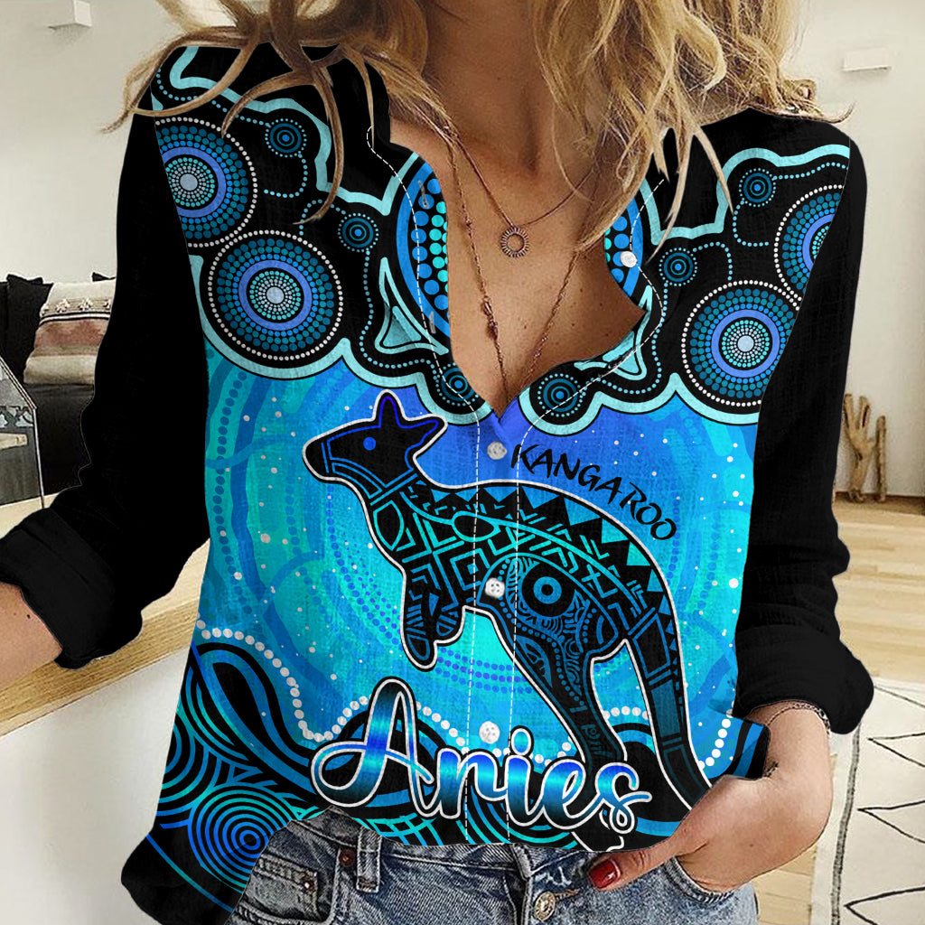 Personalised Australia Aries Kangaroo Zodiac Women Casual Shirt Auz Astrology Aboriginal - Aqua LT9