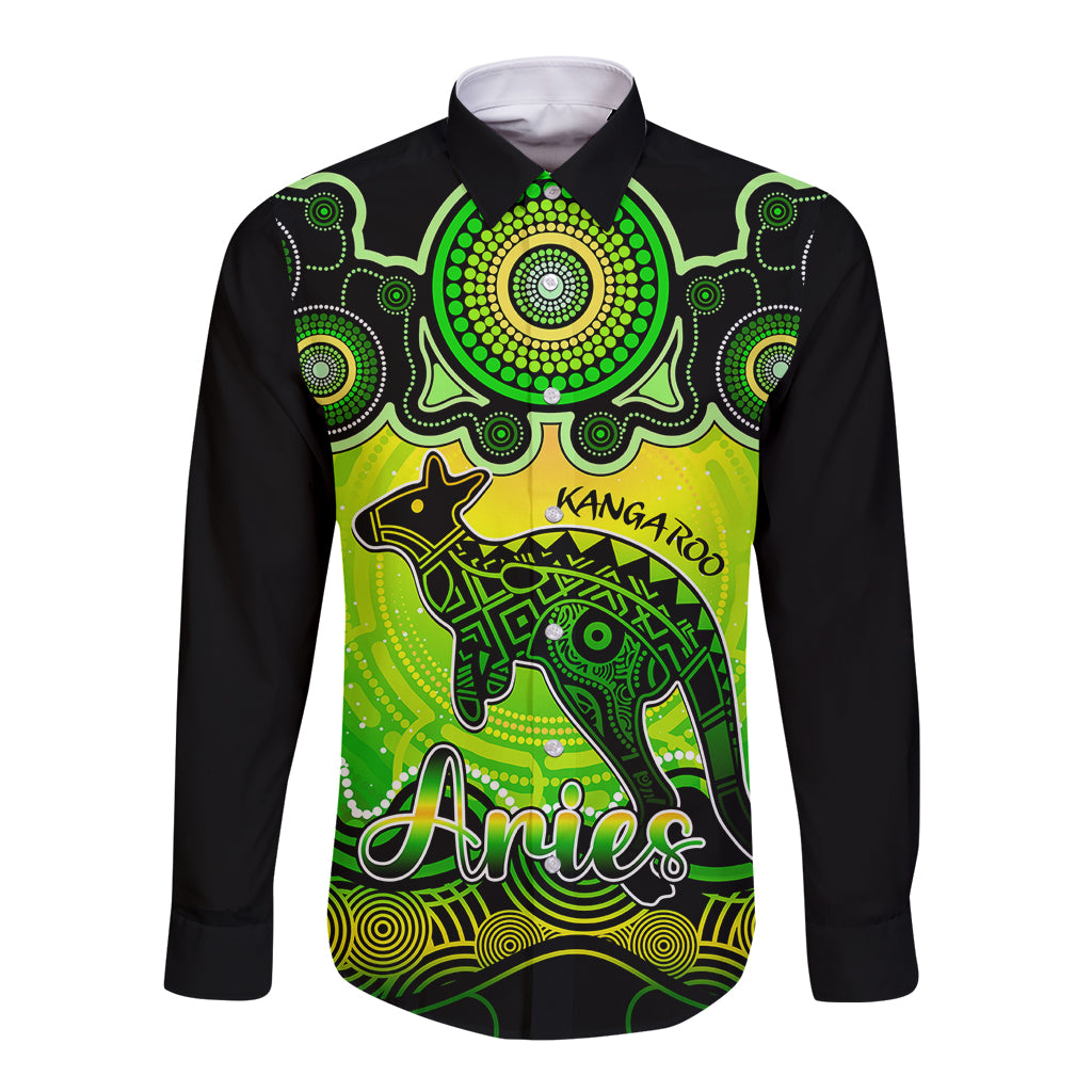 personalised-australia-aries-kangaroo-zodiac-long-sleeve-button-shirt-auz-astrology-aboriginal-green