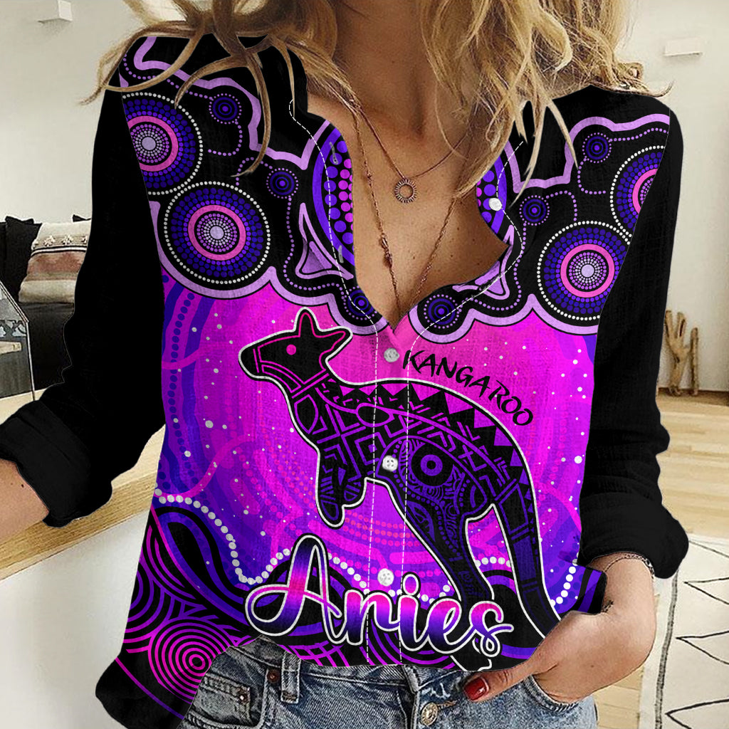 Personalised Australia Aries Kangaroo Zodiac Women Casual Shirt Auz Astrology Aboriginal - Magenta LT9