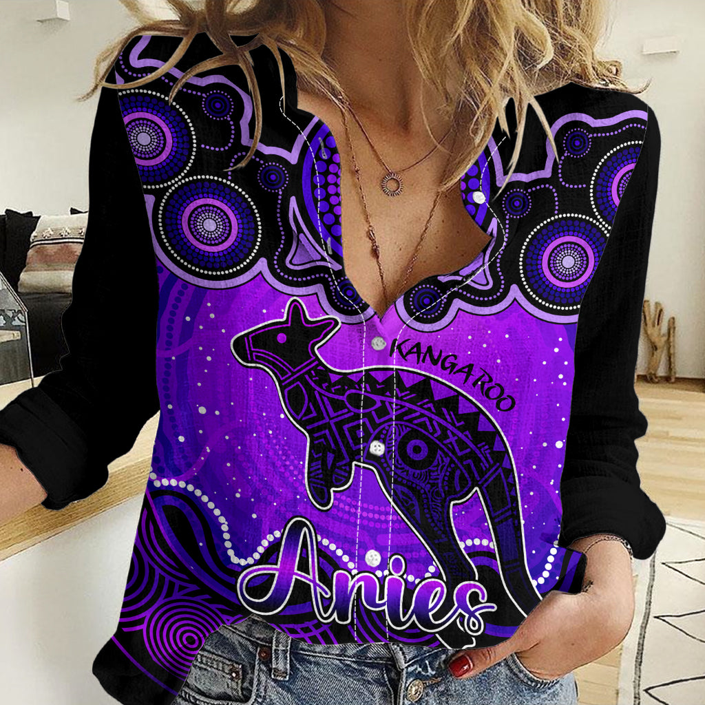 Personalised Australia Aries Kangaroo Zodiac Women Casual Shirt Auz Astrology Aboriginal - Purple LT9