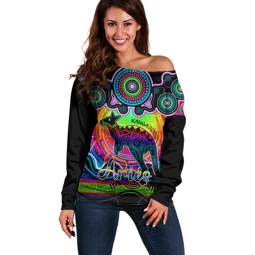 personalised-australia-aries-kangaroo-zodiac-off-shoulder-sweater-auz-astrology-aboriginal-rainbow