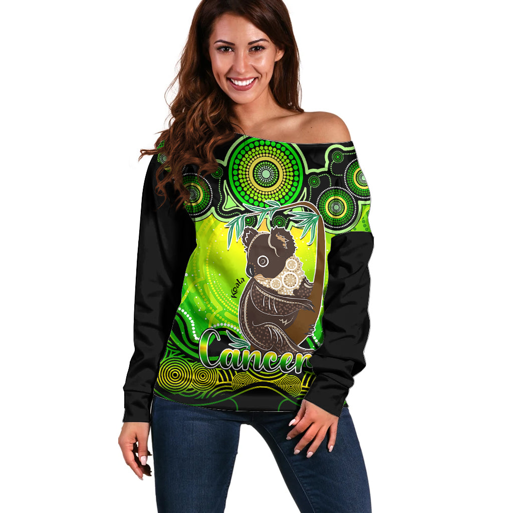 personalised-australia-cancer-koala-zodiac-off-shoulder-sweater-auz-astrology-aboriginal-green