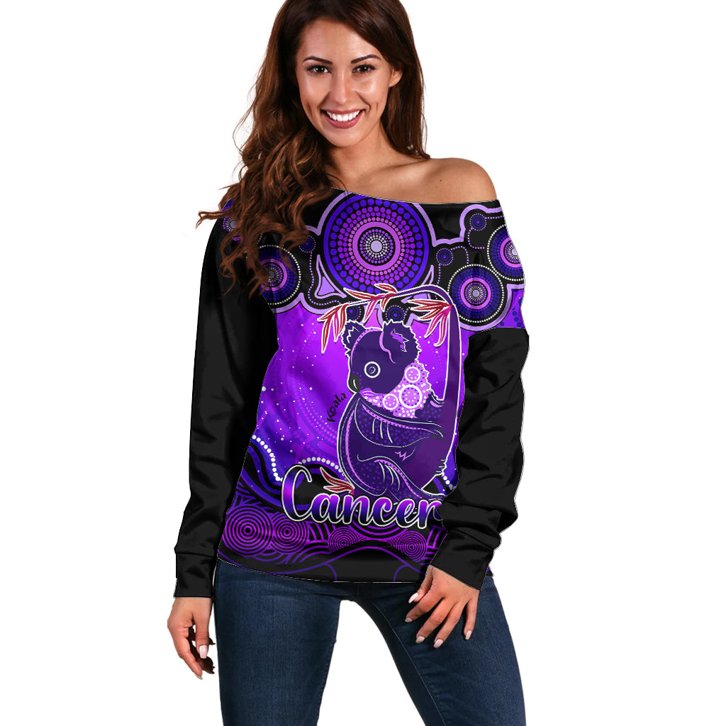 personalised-australia-cancer-koala-zodiac-off-shoulder-sweater-auz-astrology-aboriginal-purple