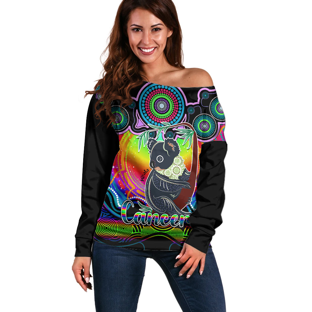 personalised-australia-cancer-koala-zodiac-off-shoulder-sweater-auz-astrology-aboriginal-rainbow