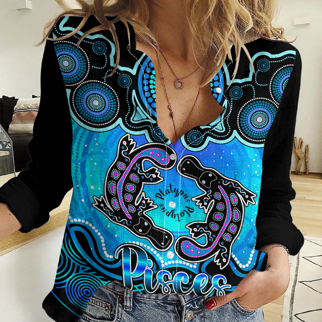 Personalised Australia Pisces Platypus Zodiac Women Casual Shirt Auz Astrology Aboriginal - Aqua LT9