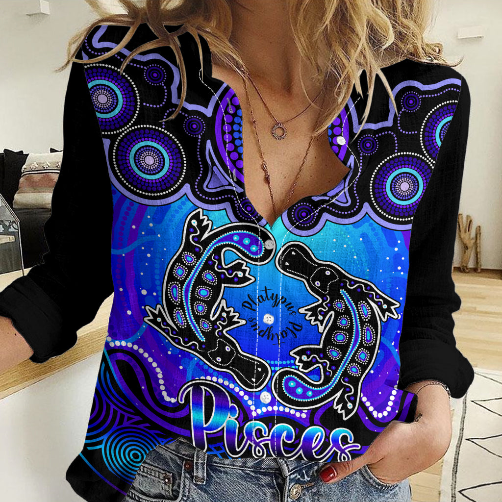 Personalised Australia Pisces Platypus Zodiac Women Casual Shirt Auz Astrology Aboriginal - Blue LT9