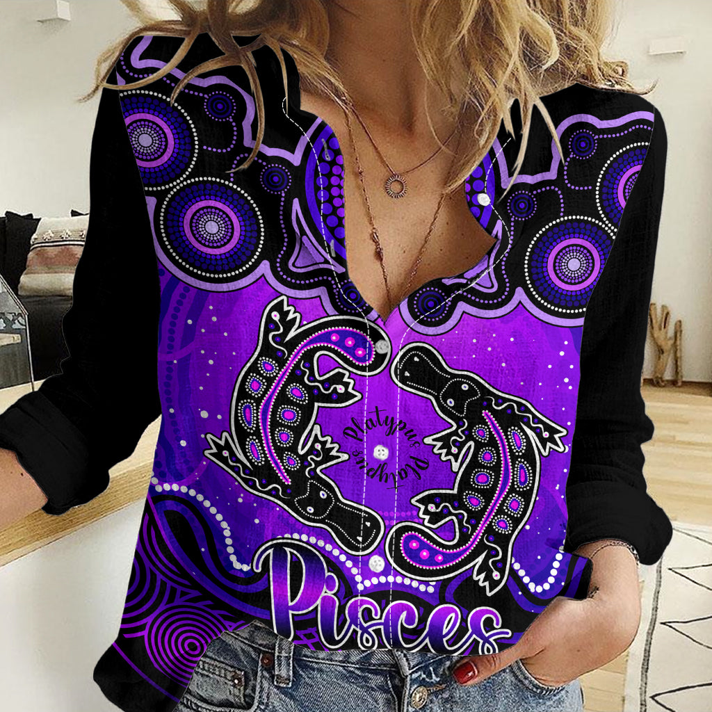 Personalised Australia Pisces Platypus Zodiac Women Casual Shirt Auz Astrology Aboriginal - Purple LT9