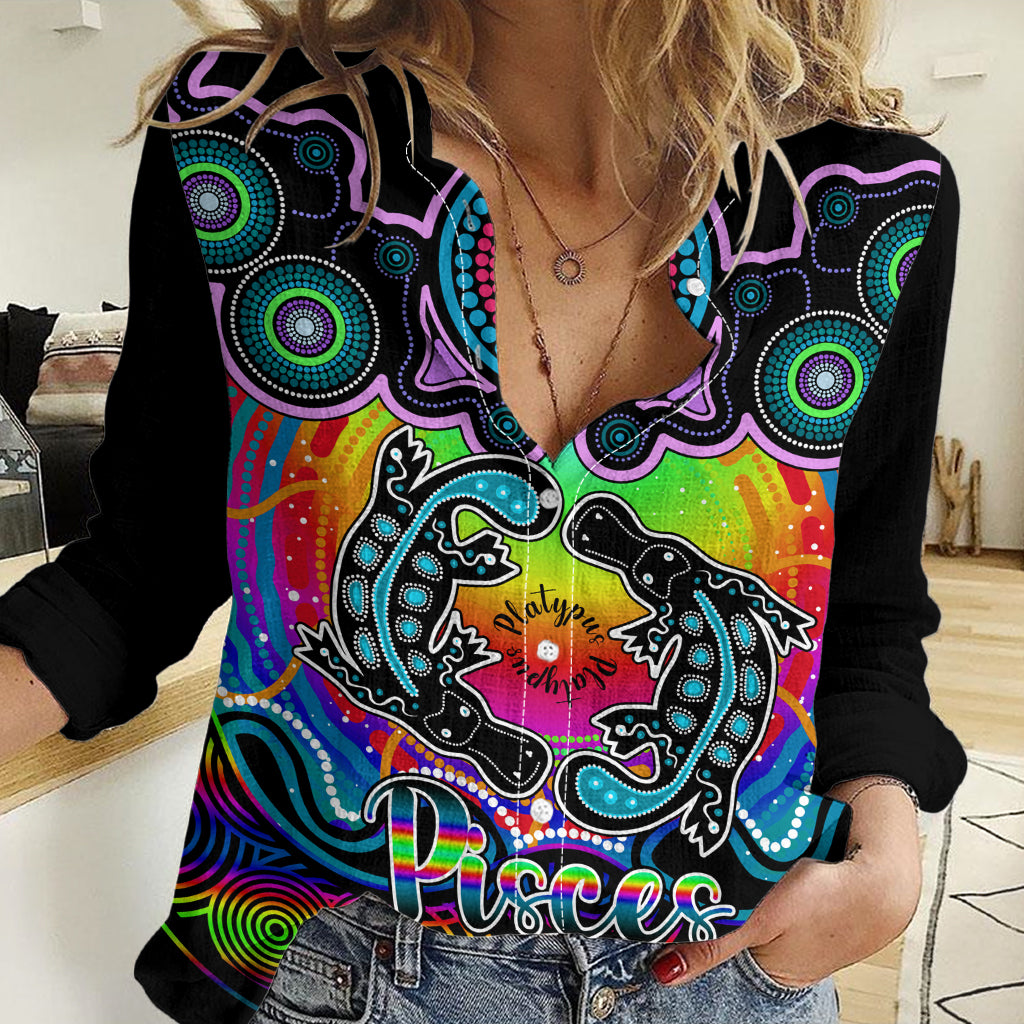 Personalised Australia Pisces Platypus Zodiac Women Casual Shirt Auz Astrology Aboriginal - Rainbow LT9