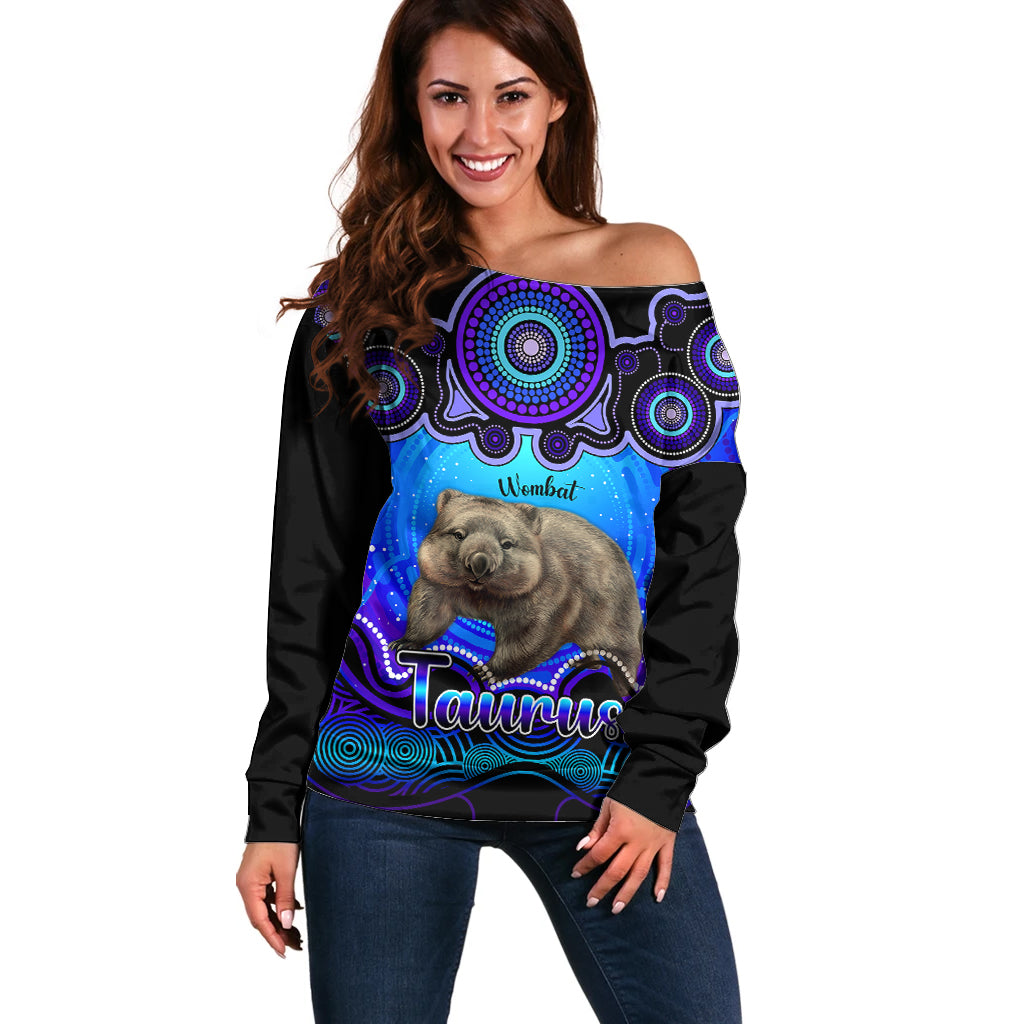 personalised-australia-taurus-wombat-zodiac-off-shoulder-sweater-auz-astrology-aboriginal-blue