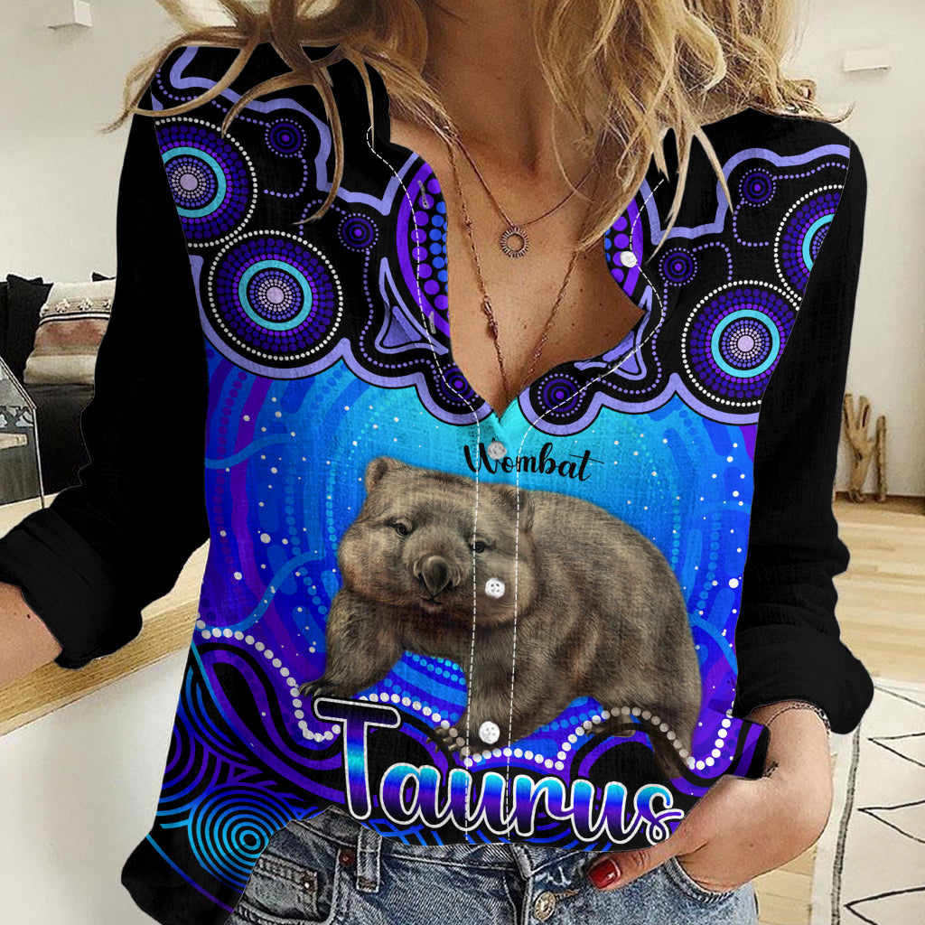 Personalised Australia Taurus Wombat Zodiac Women Casual Shirt Auz Astrology Aboriginal - Blue LT9