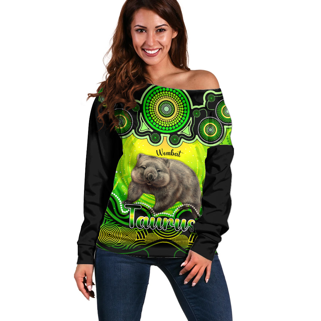 personalised-australia-taurus-wombat-zodiac-off-shoulder-sweater-auz-astrology-aboriginal-green