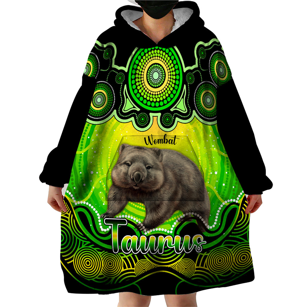 personalised-australia-taurus-wombat-zodiac-wearable-blanket-hoodie-auz-astrology-aboriginal-green