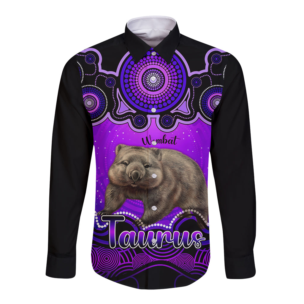 personalised-australia-taurus-wombat-zodiac-long-sleeve-button-shirt-auz-astrology-aboriginal-purple