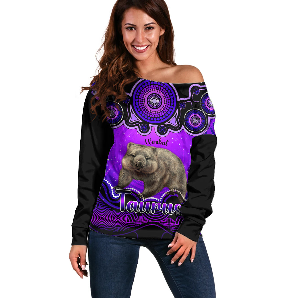 personalised-australia-taurus-wombat-zodiac-off-shoulder-sweater-auz-astrology-aboriginal-purple