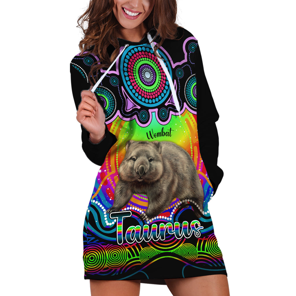 personalised-australia-taurus-wombat-zodiac-hoodie-dress-auz-astrology-aboriginal-rainbow