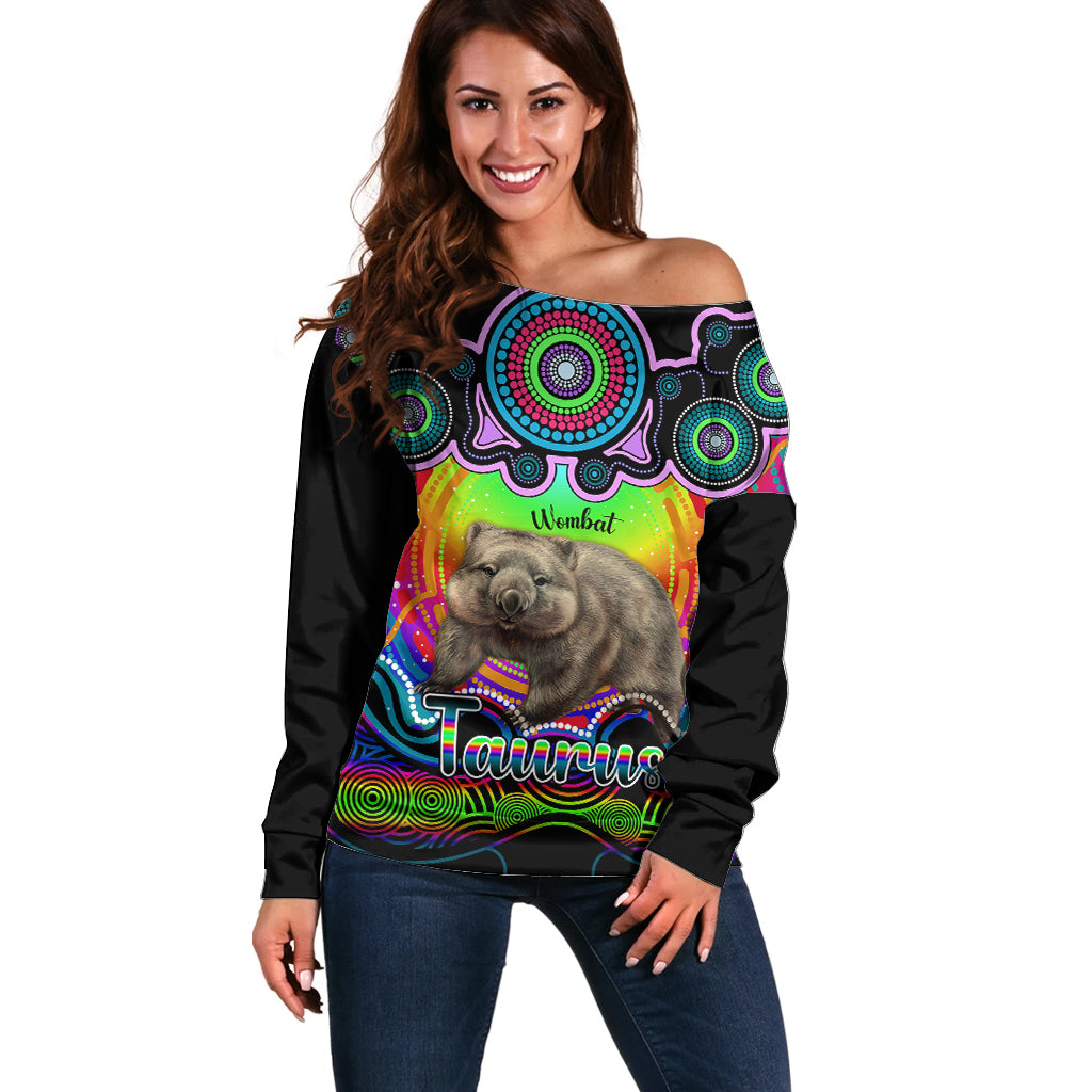 personalised-australia-taurus-wombat-zodiac-off-shoulder-sweater-auz-astrology-aboriginal-rainbow