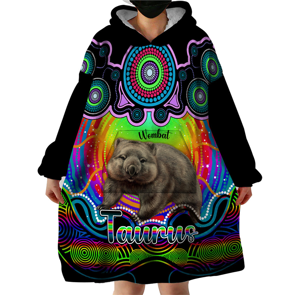 personalised-australia-taurus-wombat-zodiac-wearable-blanket-hoodie-auz-astrology-aboriginal-rainbow