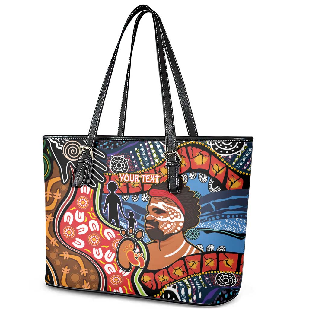 Dad and Son Footprint Father's Day Personalised Leather Tote Bag Australian Aboriginal Art