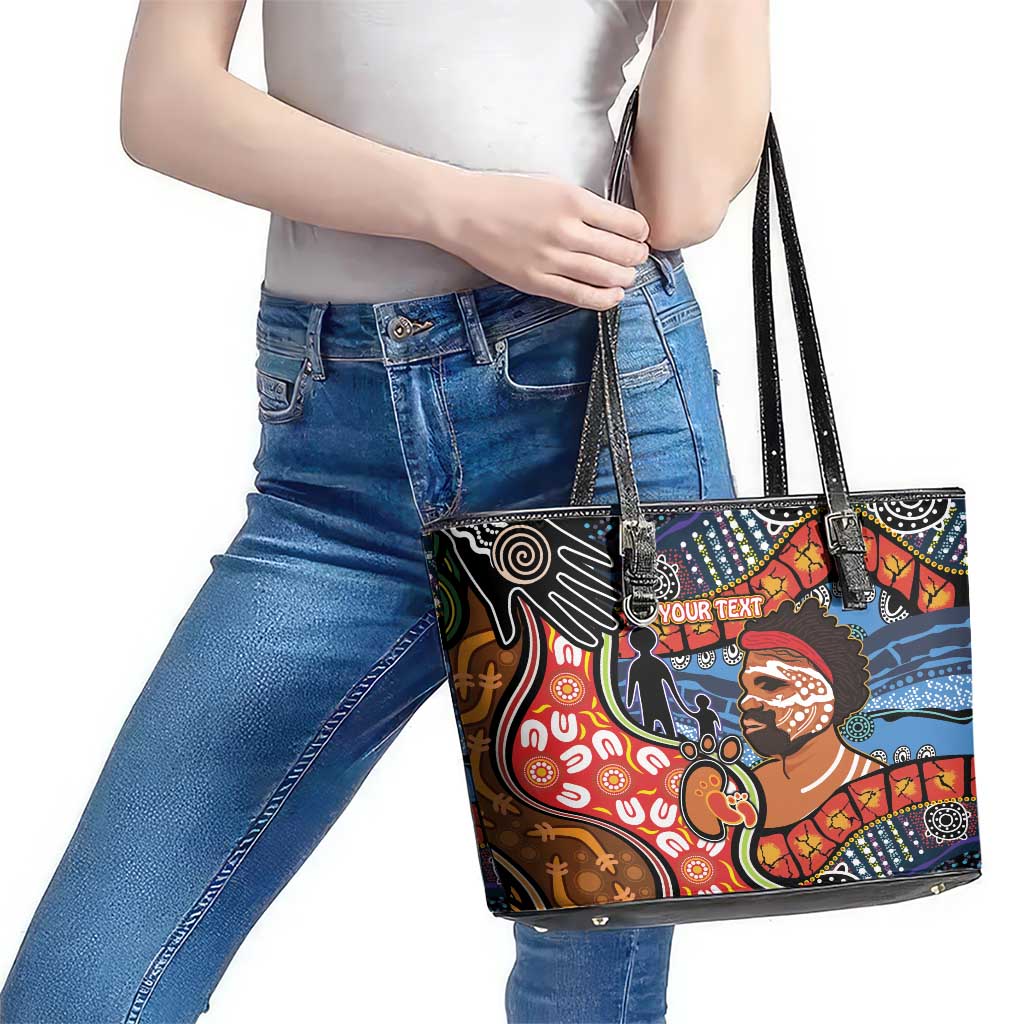 Dad and Son Footprint Father's Day Personalised Leather Tote Bag Australian Aboriginal Art