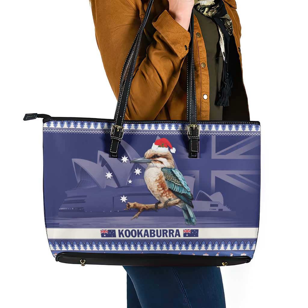 Aussie Kookaburra Leather Tote Bag Merry Christmas Blue Style