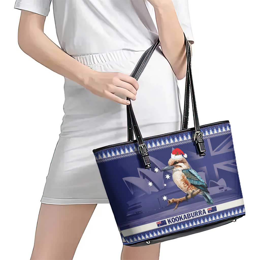 Aussie Kookaburra Leather Tote Bag Merry Christmas Blue Style