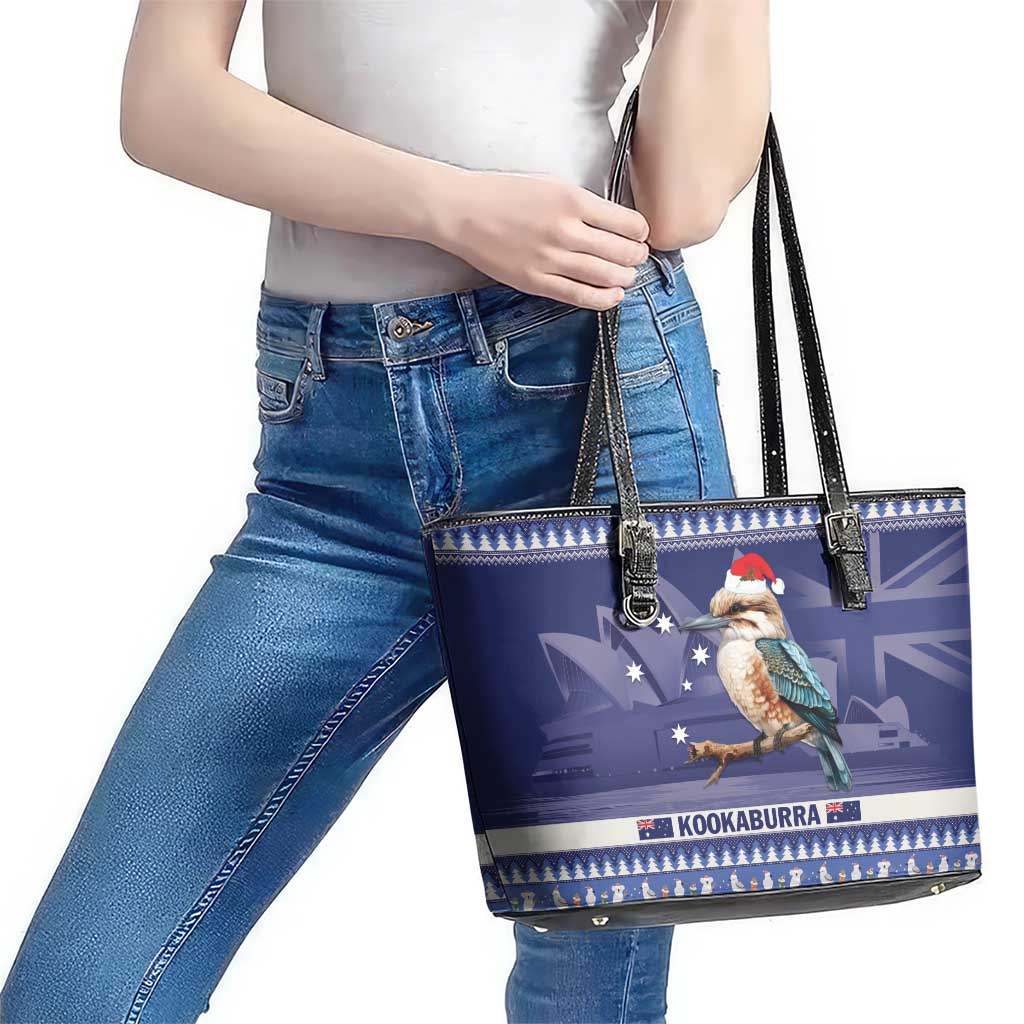 Aussie Kookaburra Leather Tote Bag Merry Christmas Blue Style