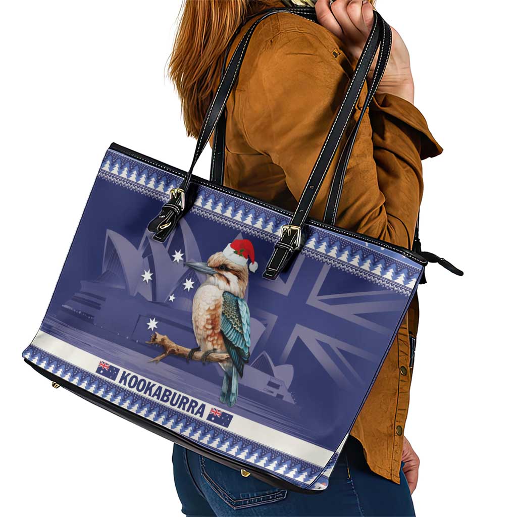 Aussie Kookaburra Leather Tote Bag Merry Christmas Blue Style