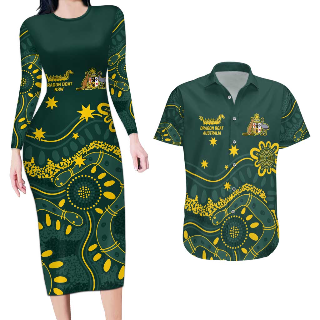 Personalised Australia Dragons Boat Couples Matching Long Sleeve Bodycon Dress and Hawaiian Shirt Aussie Aboriginal Dot Style