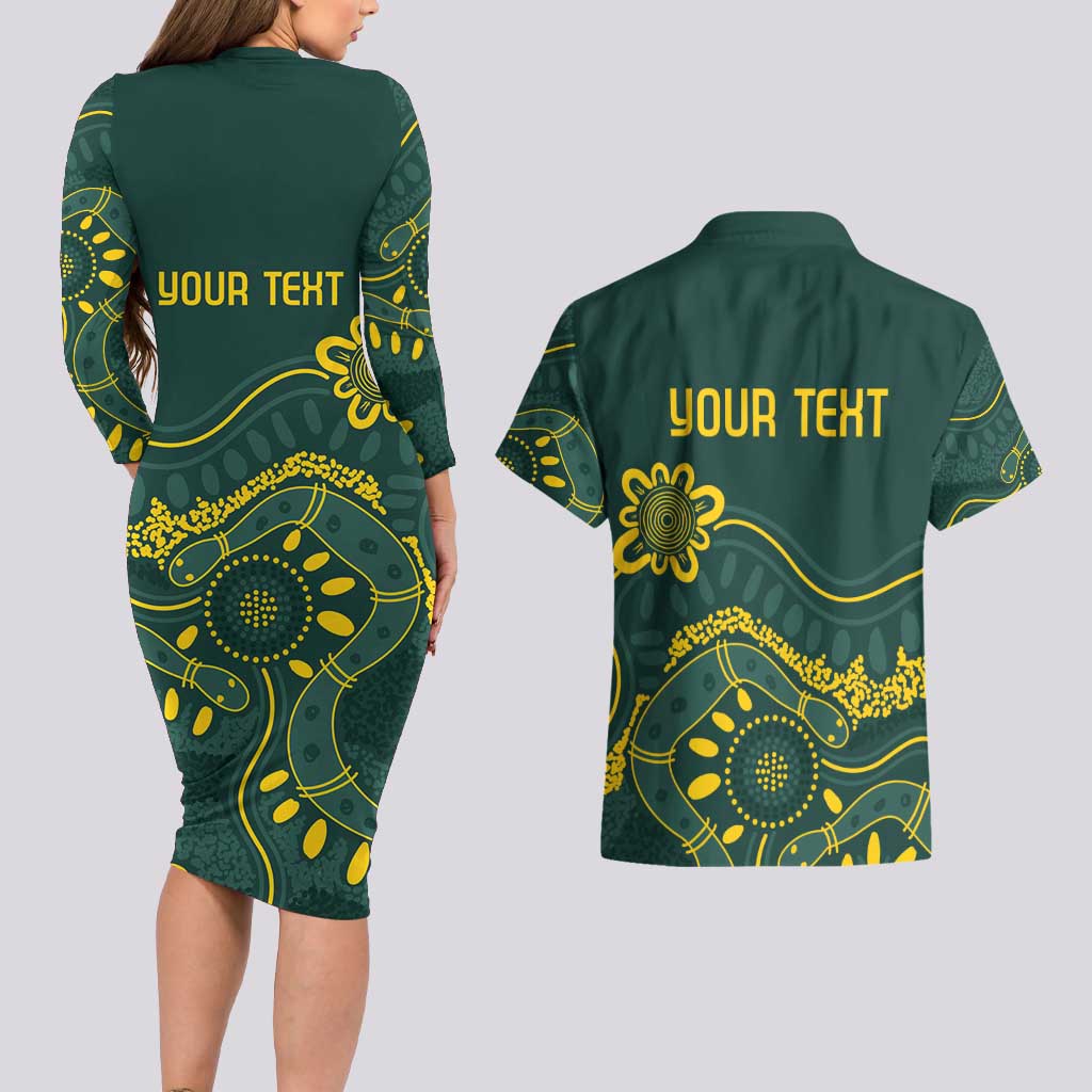 Personalised Australia Dragons Boat Couples Matching Long Sleeve Bodycon Dress and Hawaiian Shirt Aussie Aboriginal Dot Style