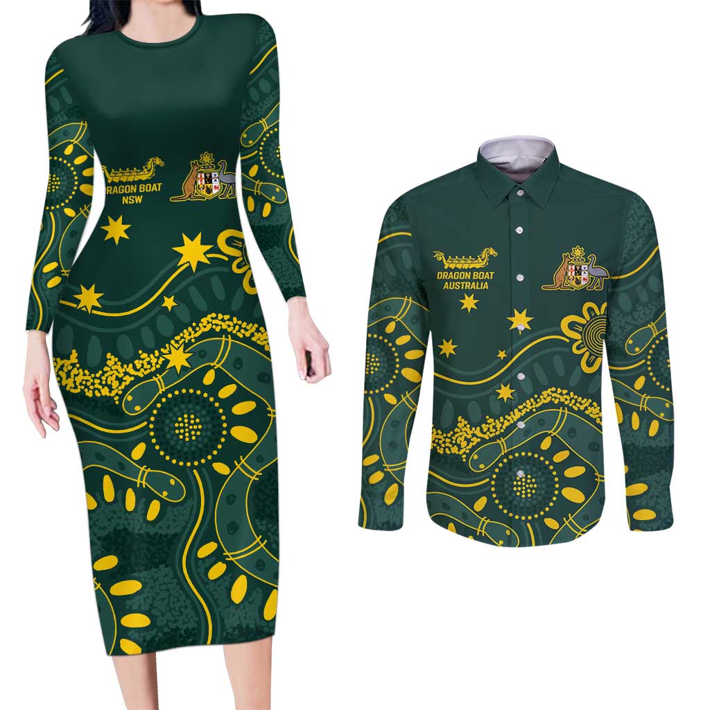 Personalised Australia Dragons Boat Couples Matching Long Sleeve Bodycon Dress and Long Sleeve Button Shirt Aussie Aboriginal Dot Style