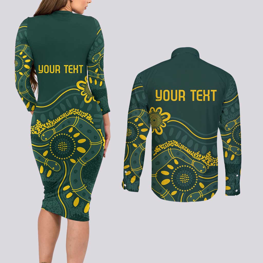 Personalised Australia Dragons Boat Couples Matching Long Sleeve Bodycon Dress and Long Sleeve Button Shirt Aussie Aboriginal Dot Style